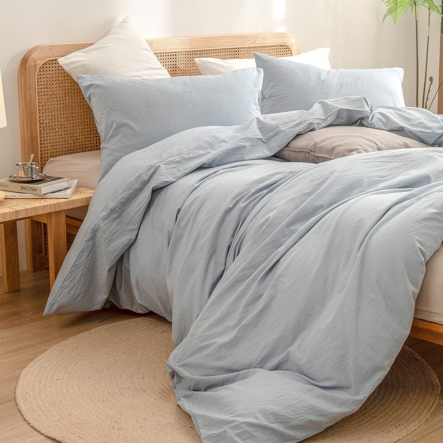 BESTOUCH Duvet Cover Set 100% Washed Cotton Linen Feel Super Soft Comfortable Chic Lightweight 3 PCs Home Bedding Set Cornflower Blue Queen1