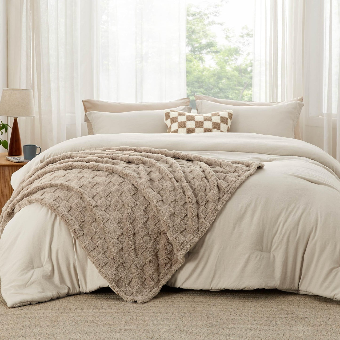 Bedsure Queen Comforter Set 5 Pieces - Bed in a Bag with Checkered Throw Blanket and Decorative Pillow, Lightweight Bedding Comforter Sets, All Season Boho Bedding, Linen Beige