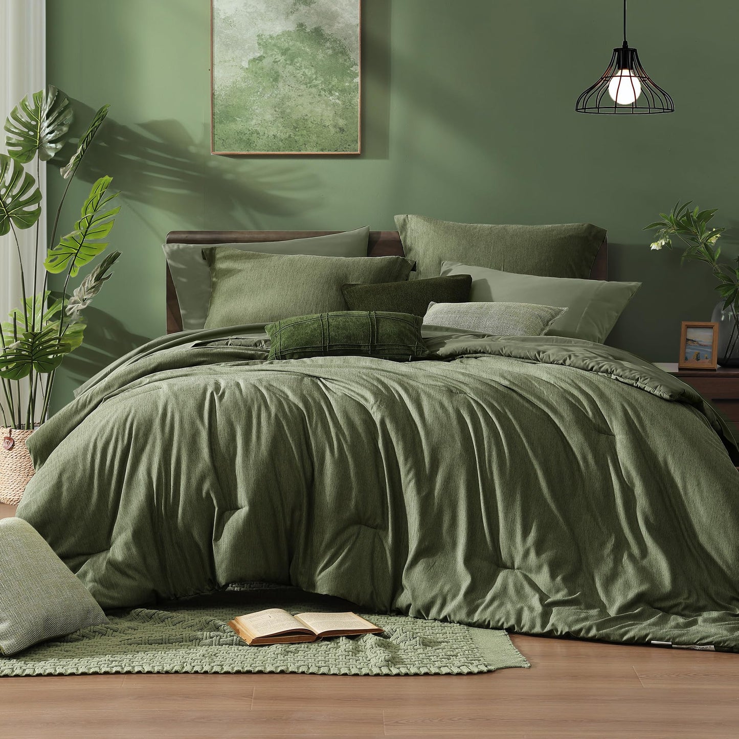 Monbix Queen Comforter Set - 7 Pieces Cationic Dyeing Olive Green Bed in a Bag Queen Bedding Sets with Comforter, Sheets, Pillowcases & Shams, Reversible Bedding Comforters Sets1