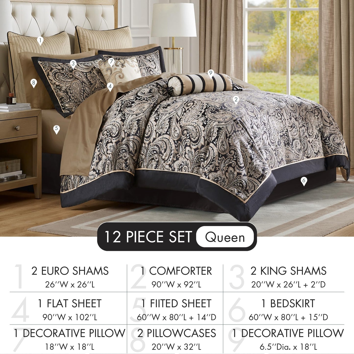 Madison Park Aubrey Cozy Comforter Set, Faux Silk Jacquard Paisley Design - All Season Down Alternative Bedding with Cotton Bed Sheets, Bed Skirt & Toss Pillows, Queen Black 12 Piece1