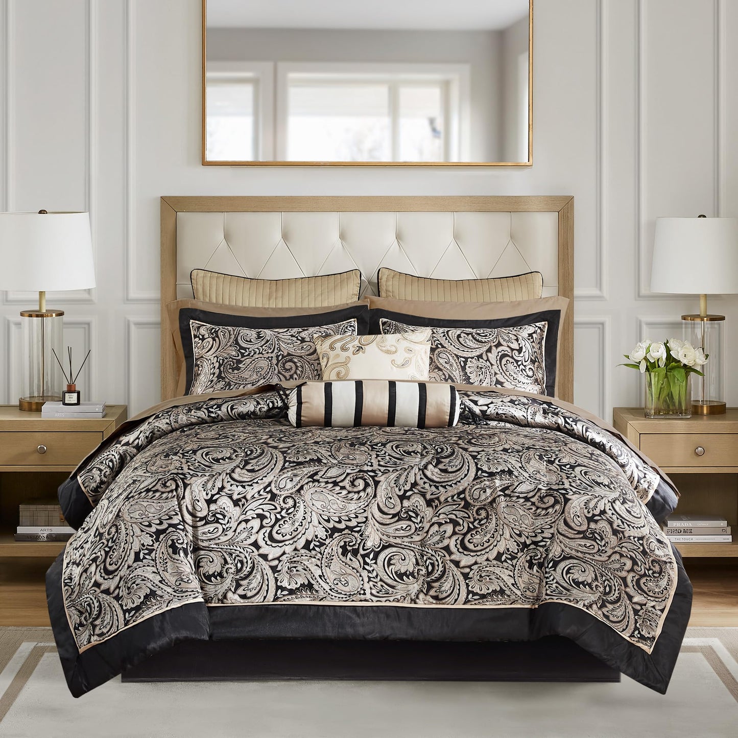 Madison Park Aubrey Cozy Comforter Set, Faux Silk Jacquard Paisley Design - All Season Down Alternative Bedding with Cotton Bed Sheets, Bed Skirt & Toss Pillows, Queen Black 12 Piece1
