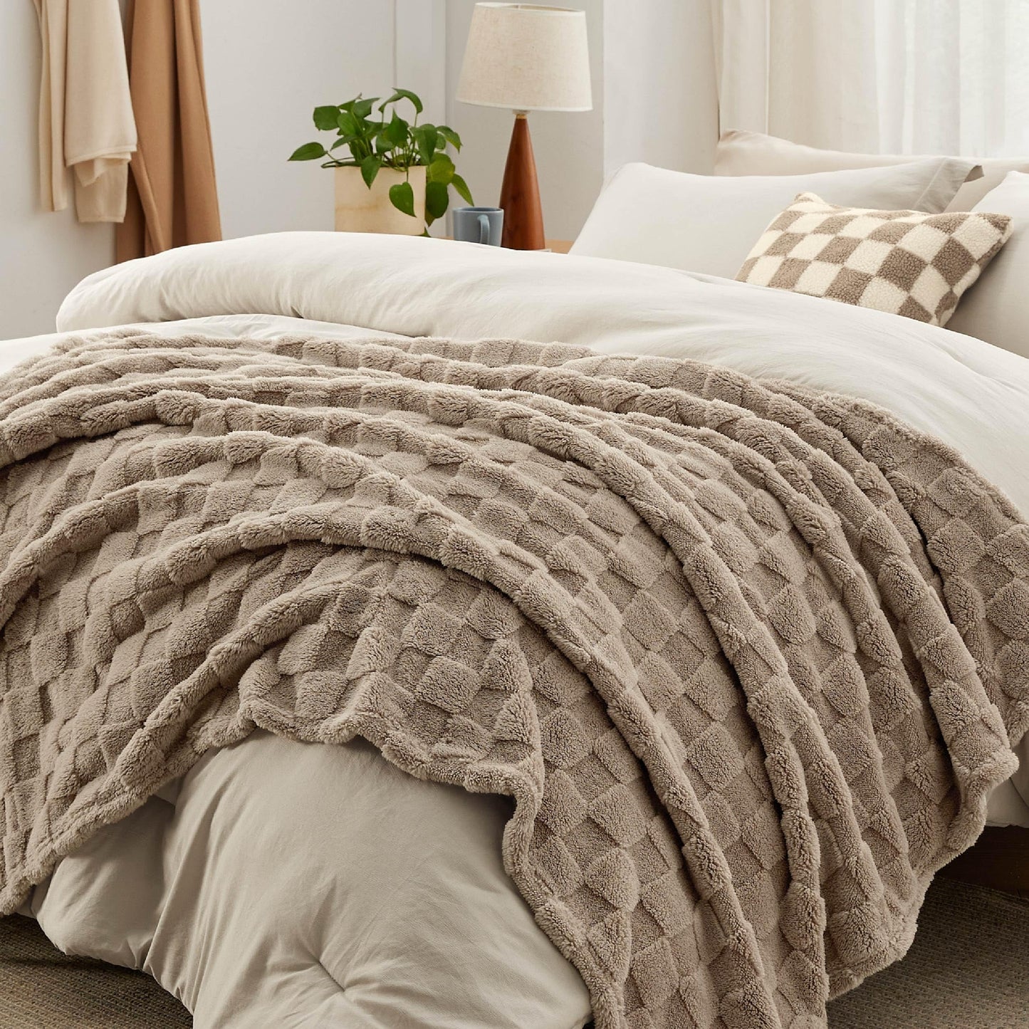 Bedsure Queen Comforter Set 5 Pieces - Bed in a Bag with Checkered Throw Blanket and Decorative Pillow, Lightweight Bedding Comforter Sets, All Season Boho Bedding, Linen Beige