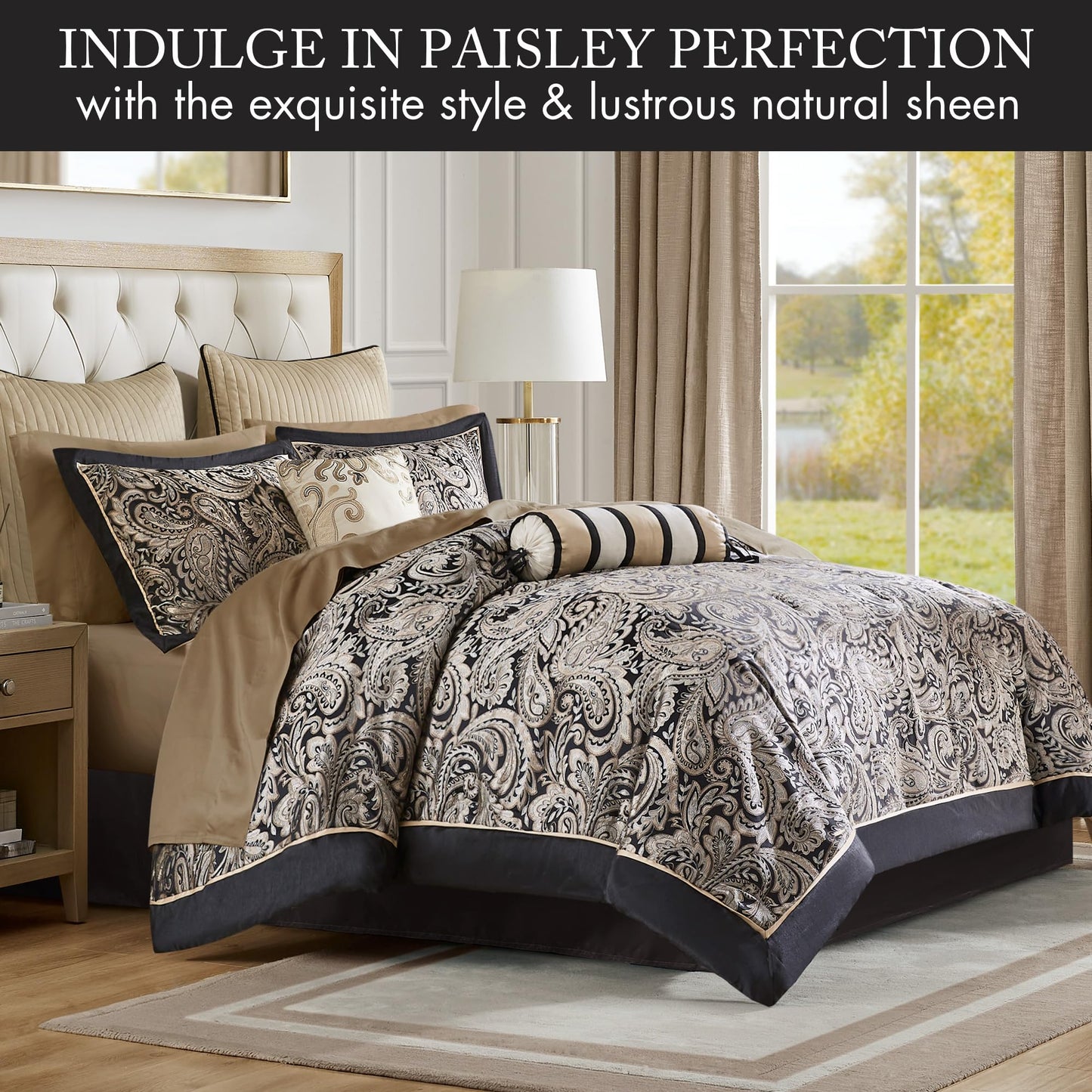 Madison Park Aubrey Cozy Comforter Set, Faux Silk Jacquard Paisley Design - All Season Down Alternative Bedding with Cotton Bed Sheets, Bed Skirt & Toss Pillows, Queen Black 12 Piece1
