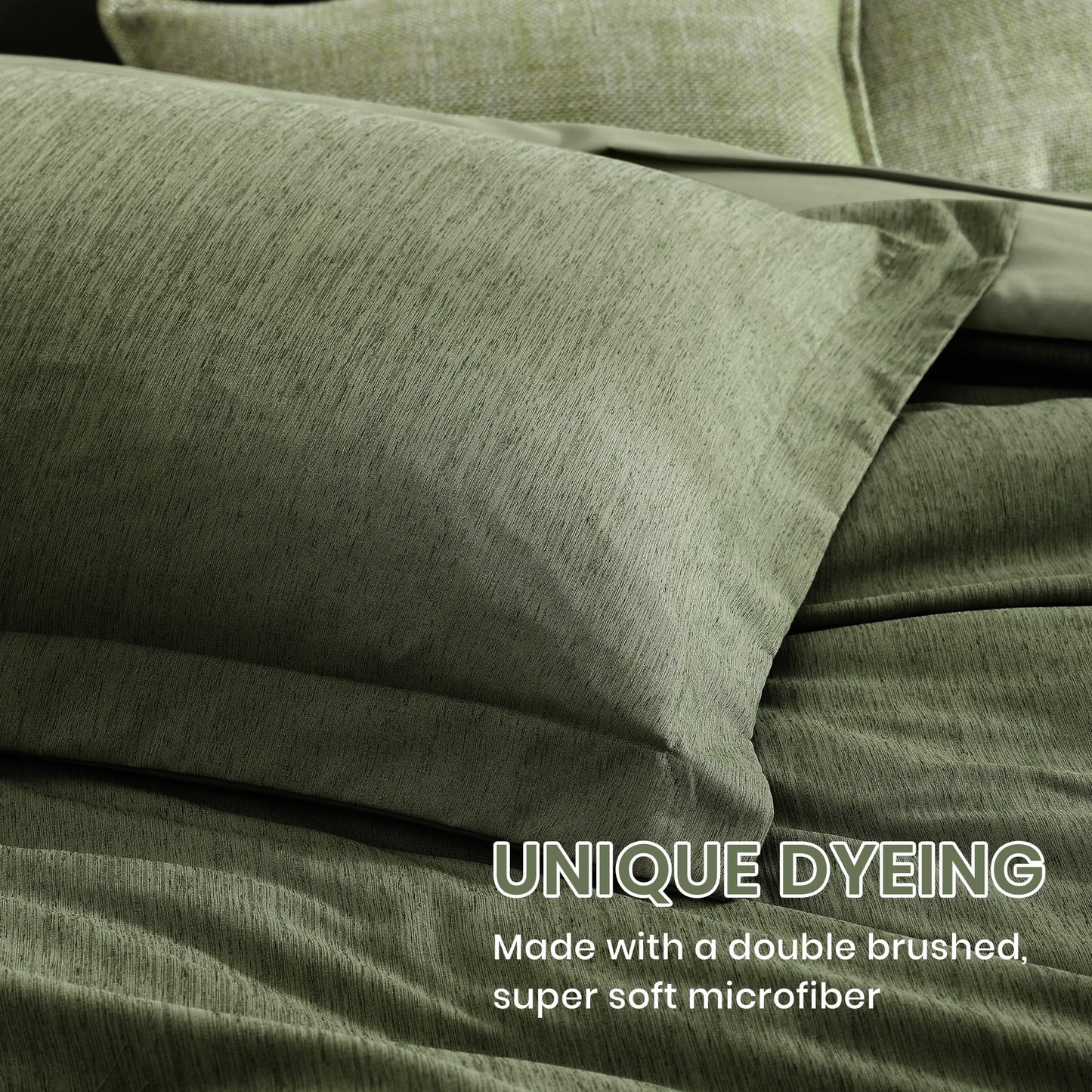 Monbix Queen Comforter Set - 7 Pieces Cationic Dyeing Olive Green Bed in a Bag Queen Bedding Sets with Comforter, Sheets, Pillowcases & Shams, Reversible Bedding Comforters Sets1