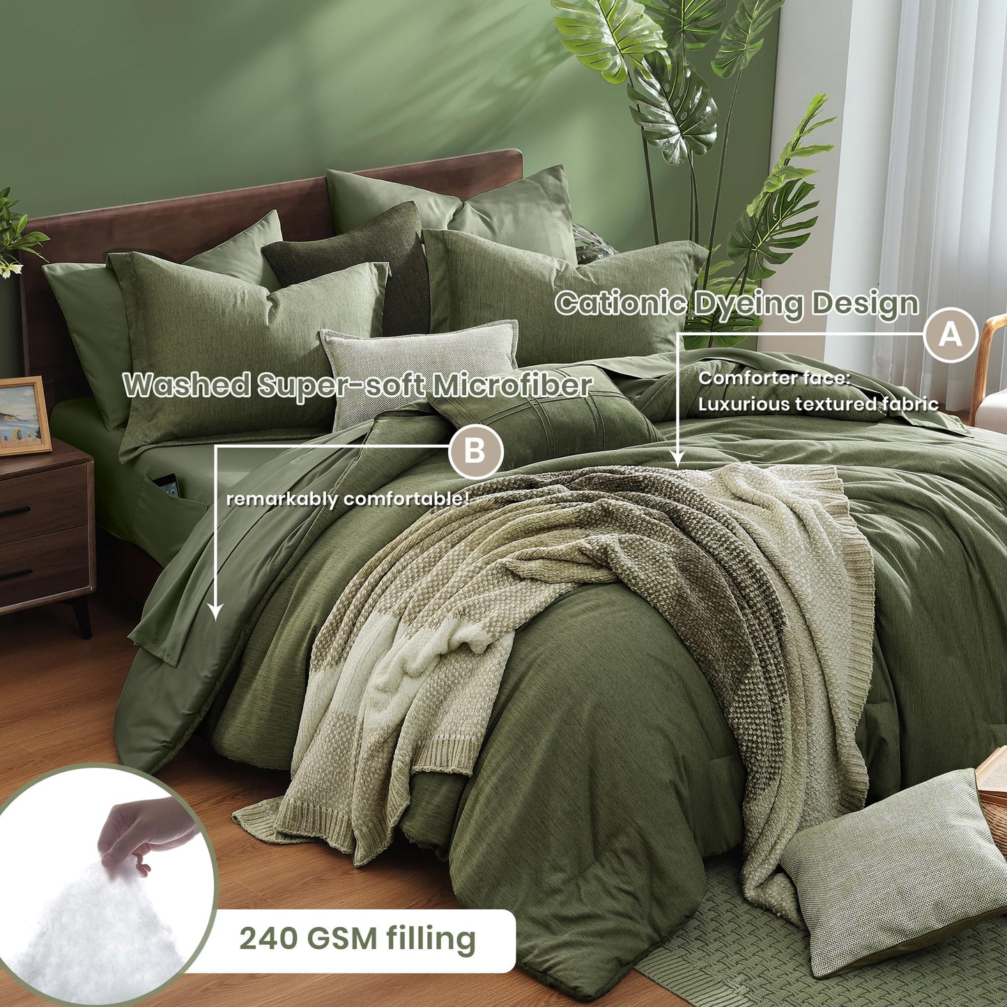 Monbix Queen Comforter Set - 7 Pieces Cationic Dyeing Olive Green Bed in a Bag Queen Bedding Sets with Comforter, Sheets, Pillowcases & Shams, Reversible Bedding Comforters Sets1