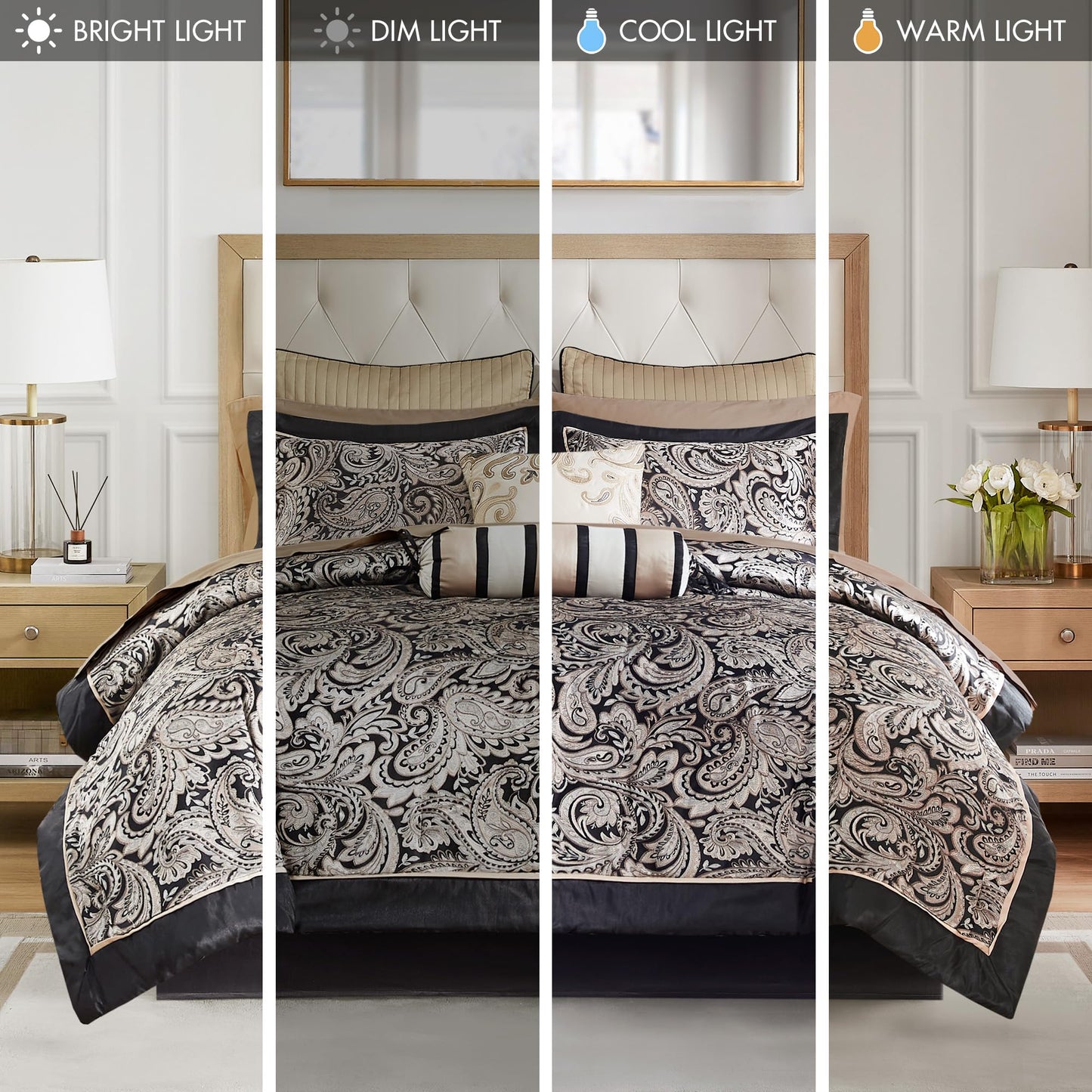 Madison Park Aubrey Cozy Comforter Set, Faux Silk Jacquard Paisley Design - All Season Down Alternative Bedding with Cotton Bed Sheets, Bed Skirt & Toss Pillows, Queen Black 12 Piece1
