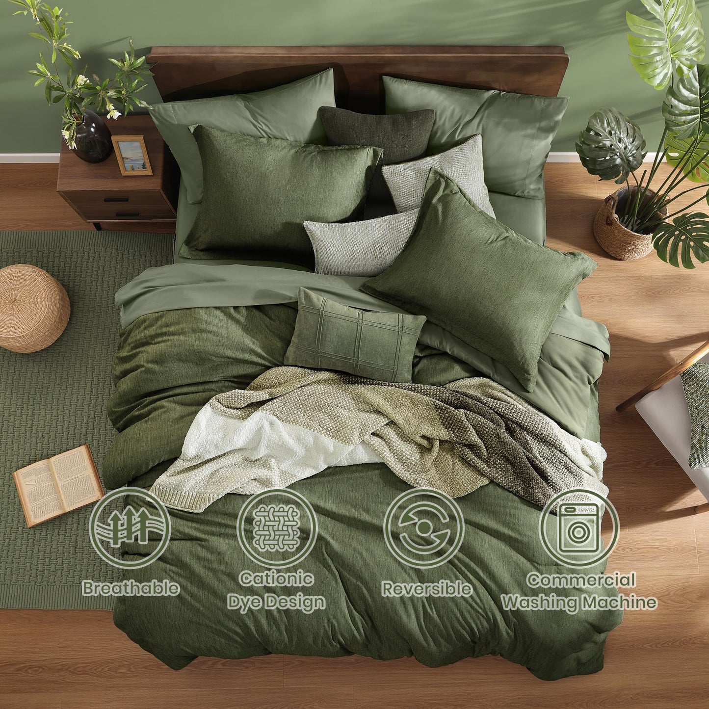 Monbix Queen Comforter Set - 7 Pieces Cationic Dyeing Olive Green Bed in a Bag Queen Bedding Sets with Comforter, Sheets, Pillowcases & Shams, Reversible Bedding Comforters Sets1