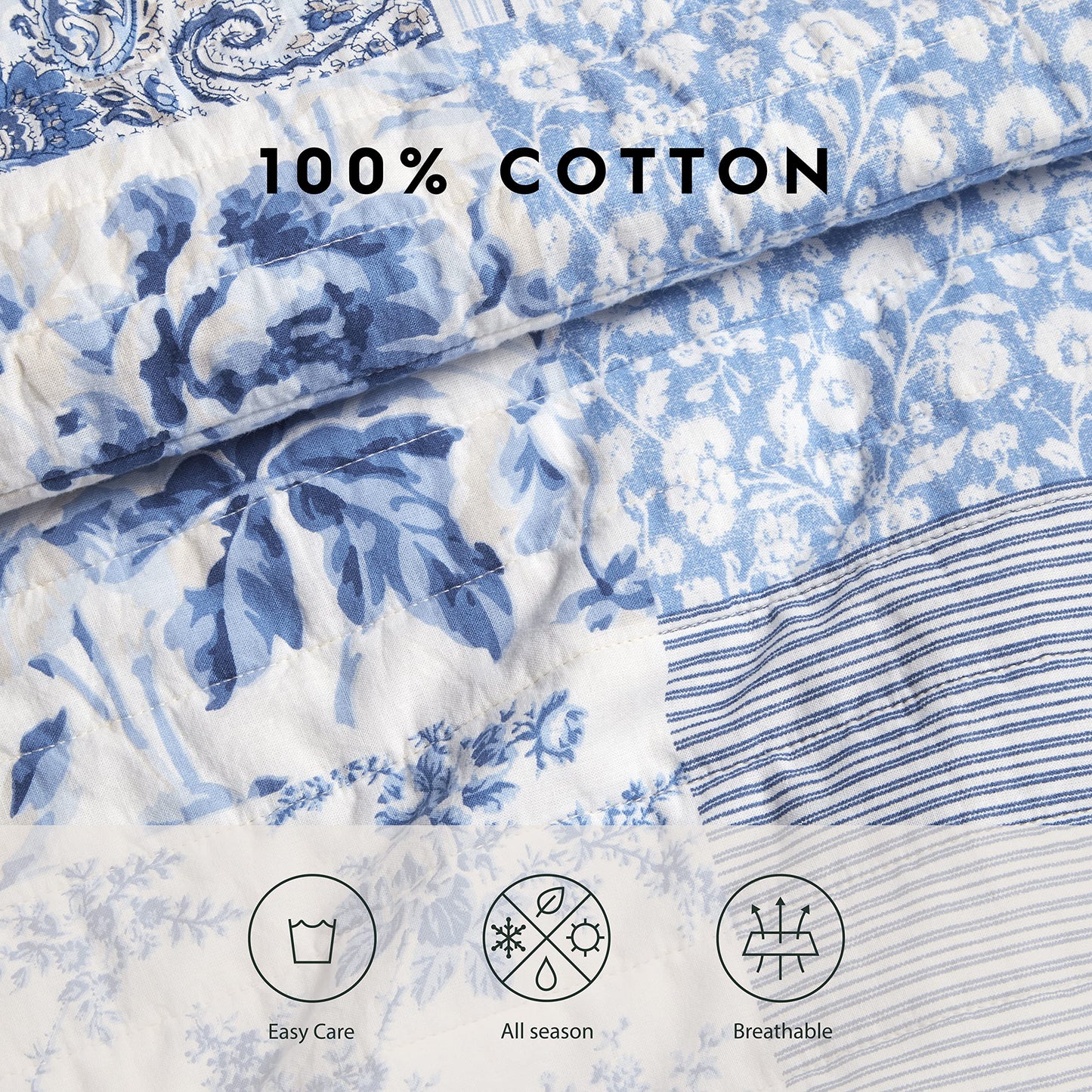 Laura Ashley - Twin Quilt Set, Reversible Cotton Bedding with Matching Sham, Farmhouse Inspired Home Decor (Paisley Printed Patchwork Blue, Twin)1