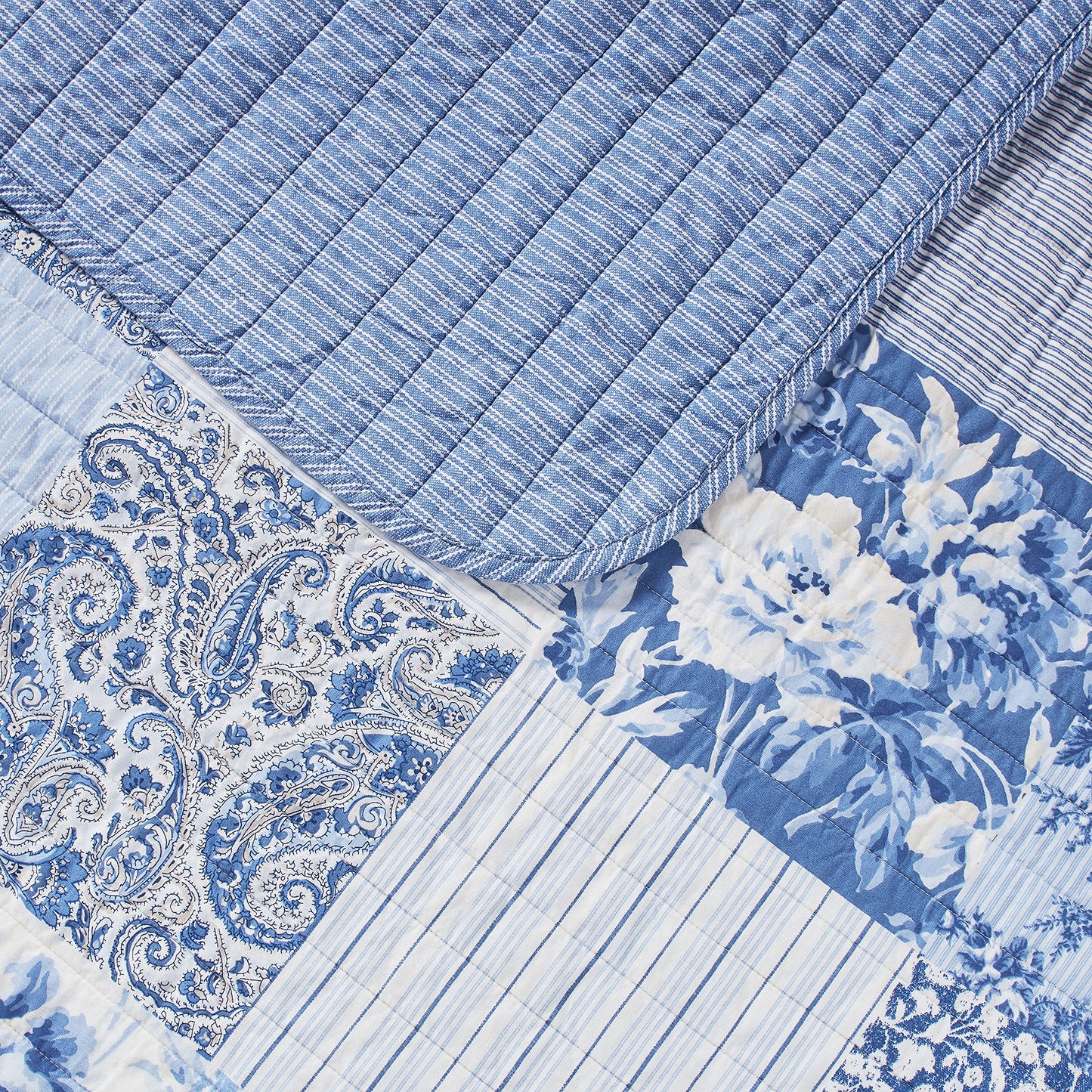Laura Ashley - Twin Quilt Set, Reversible Cotton Bedding with Matching Sham, Farmhouse Inspired Home Decor (Paisley Printed Patchwork Blue, Twin)1
